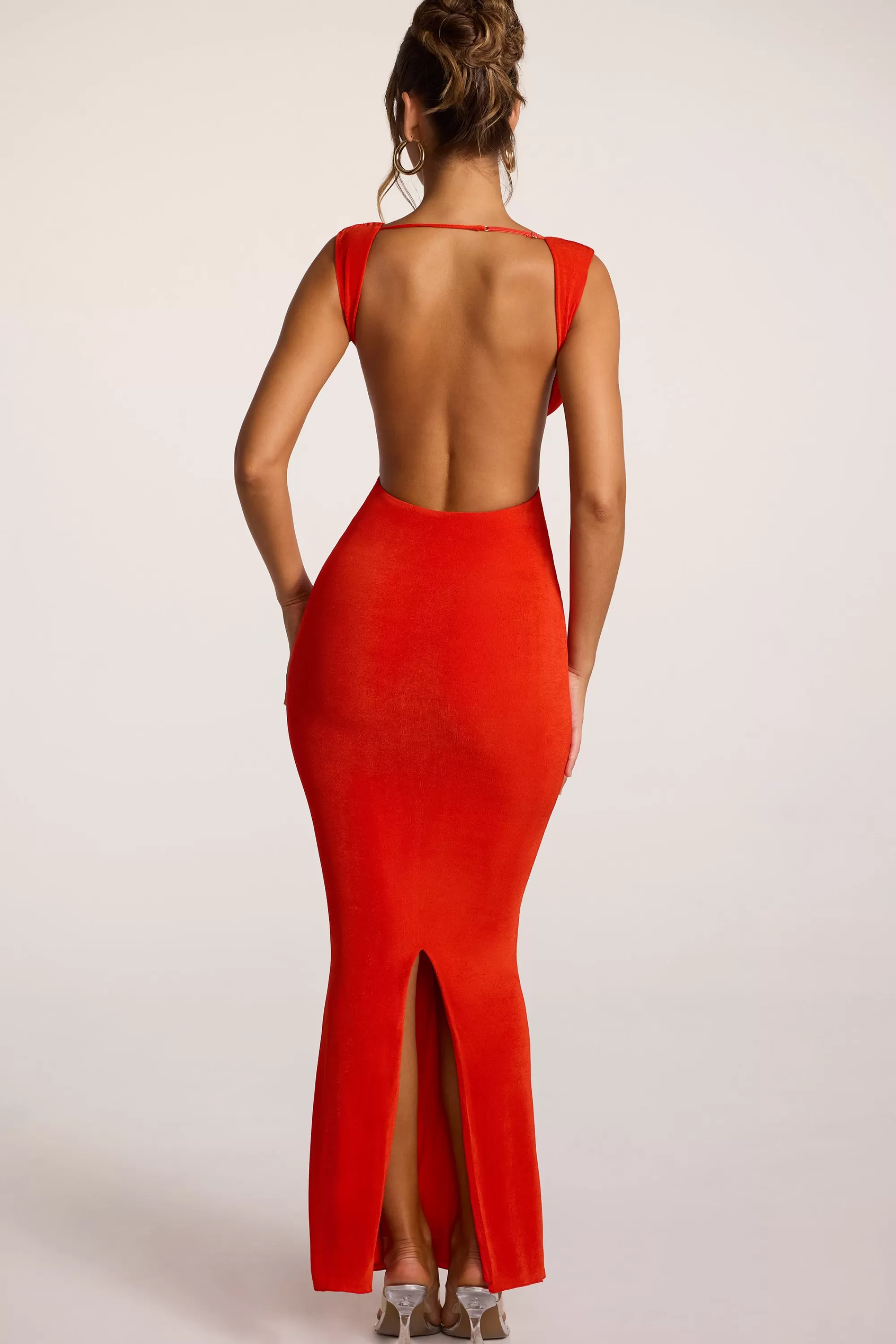 Oh Polly Textured Jersey Plunge Neck Maxi Dress In Fiery Red Hot