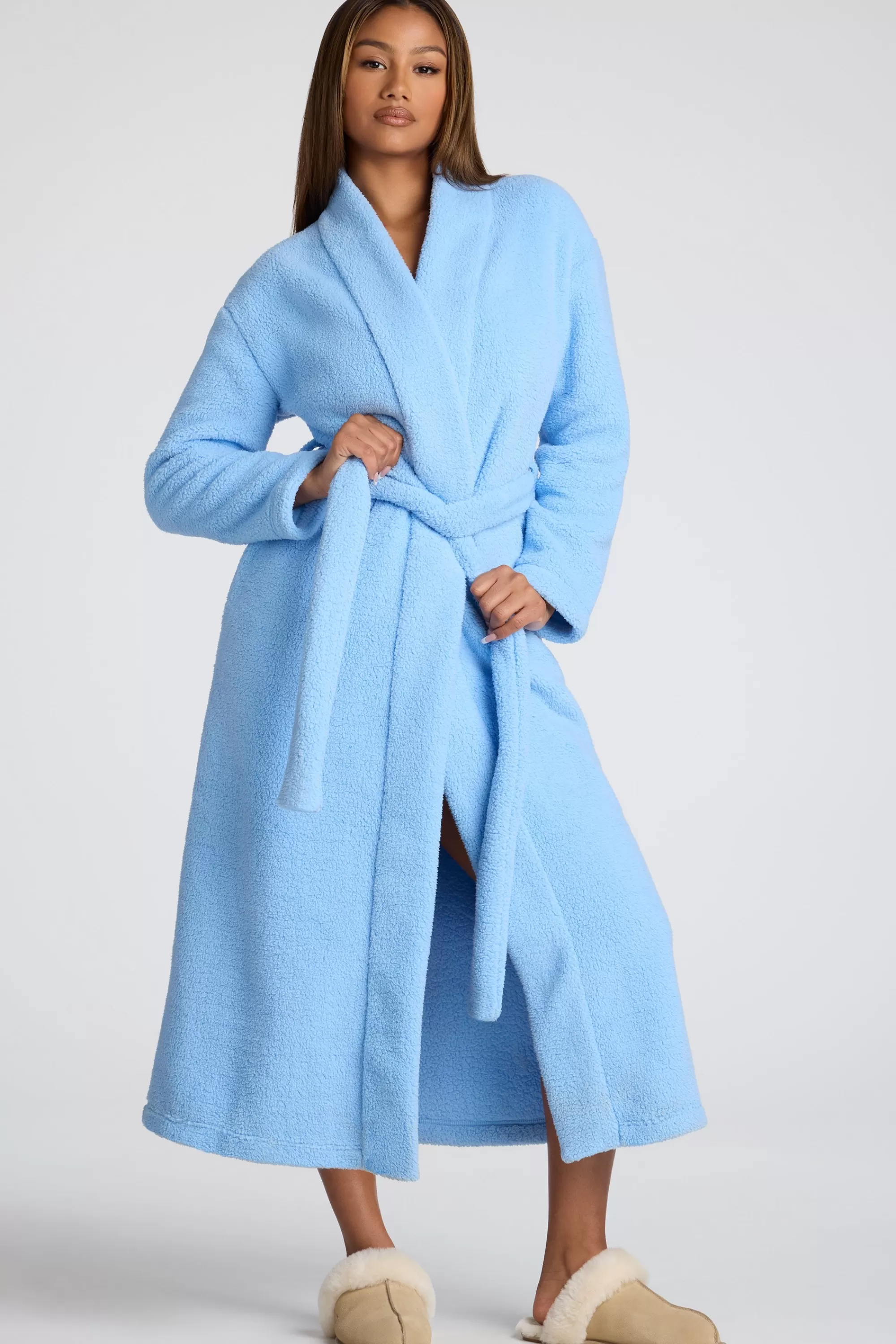 Oh Polly Tie Front Fleece Robe In Baby Blue Shop