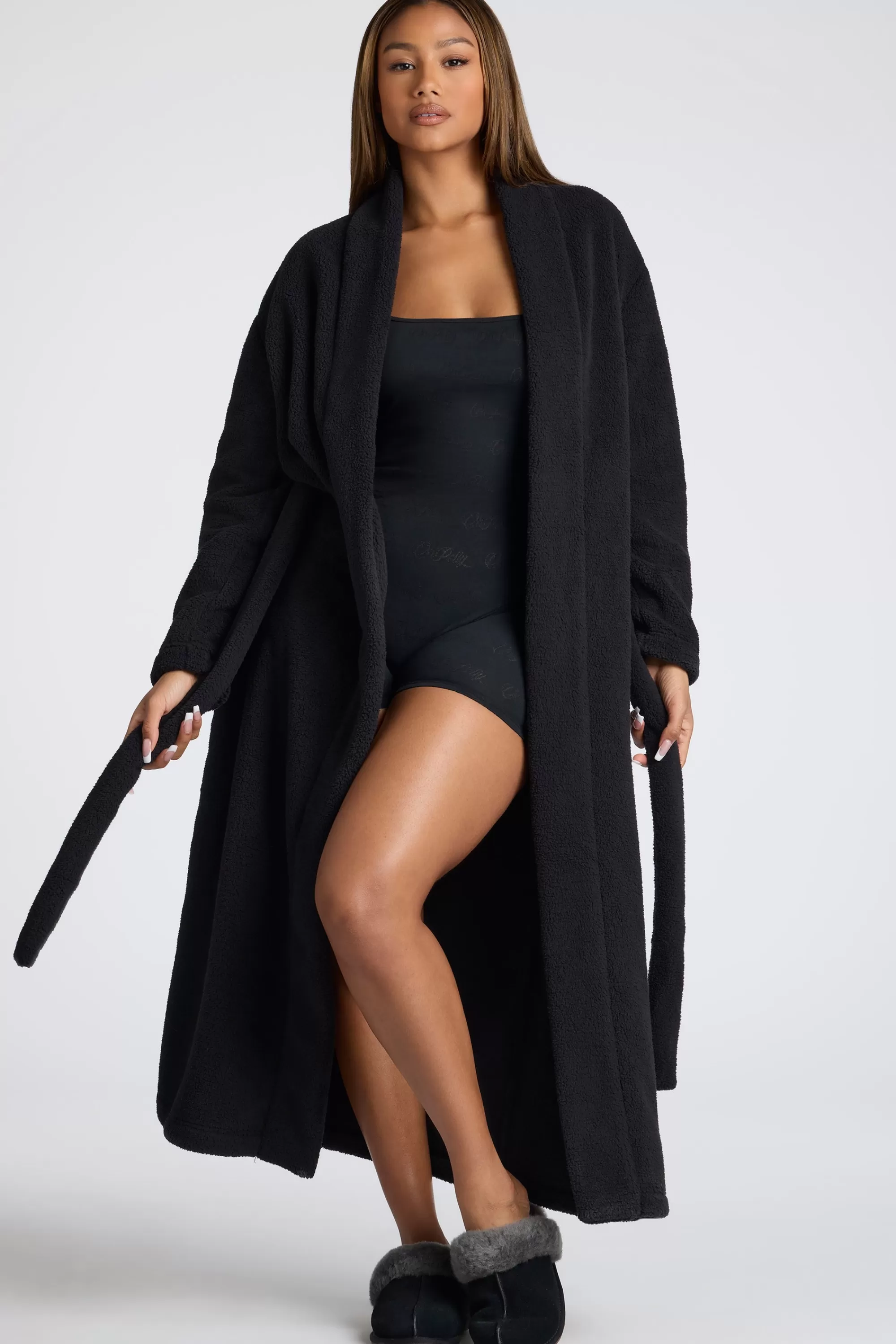 Oh Polly Tie Front Fleece Robe In Black Fashion