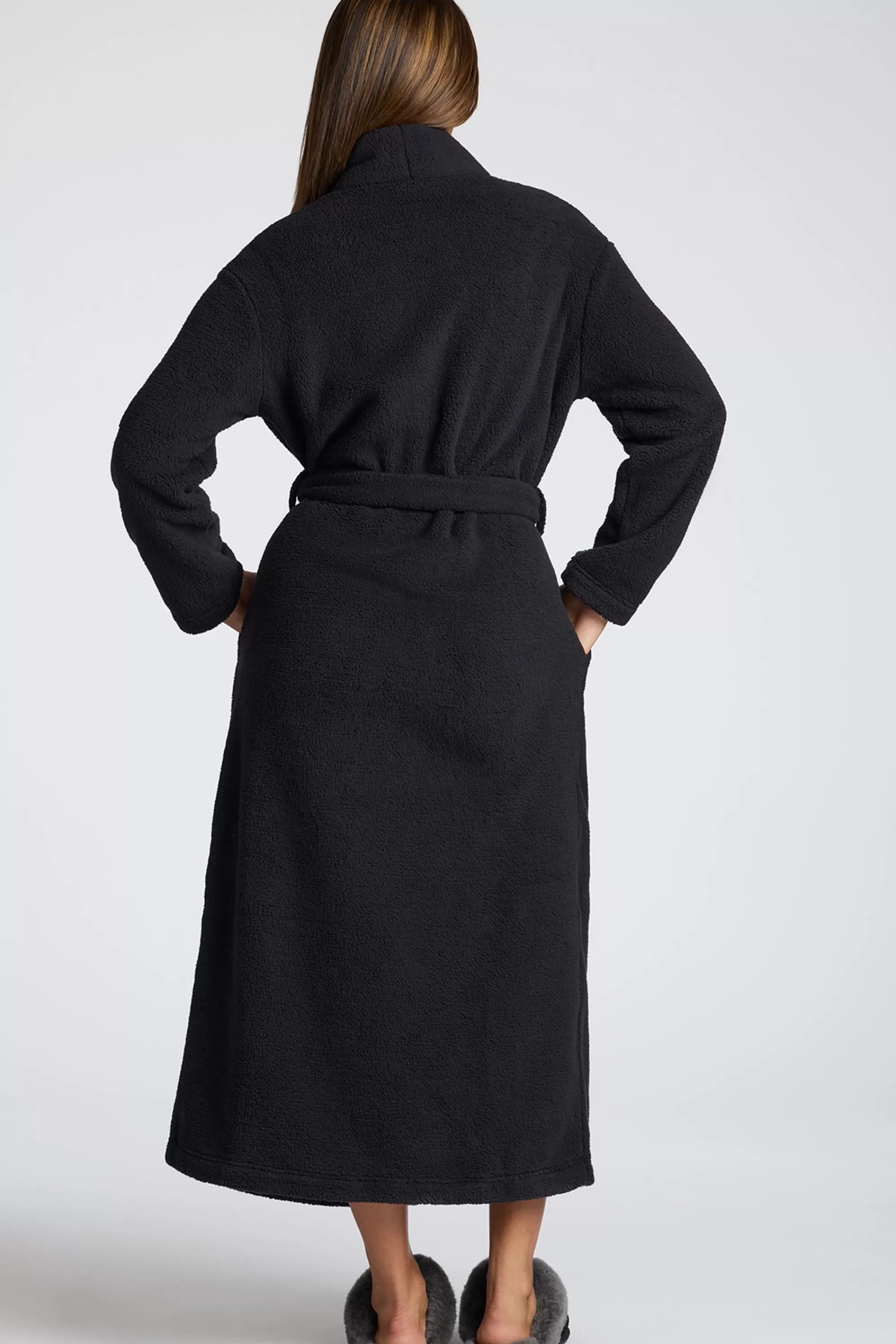 Oh Polly Tie Front Fleece Robe In Black Fashion