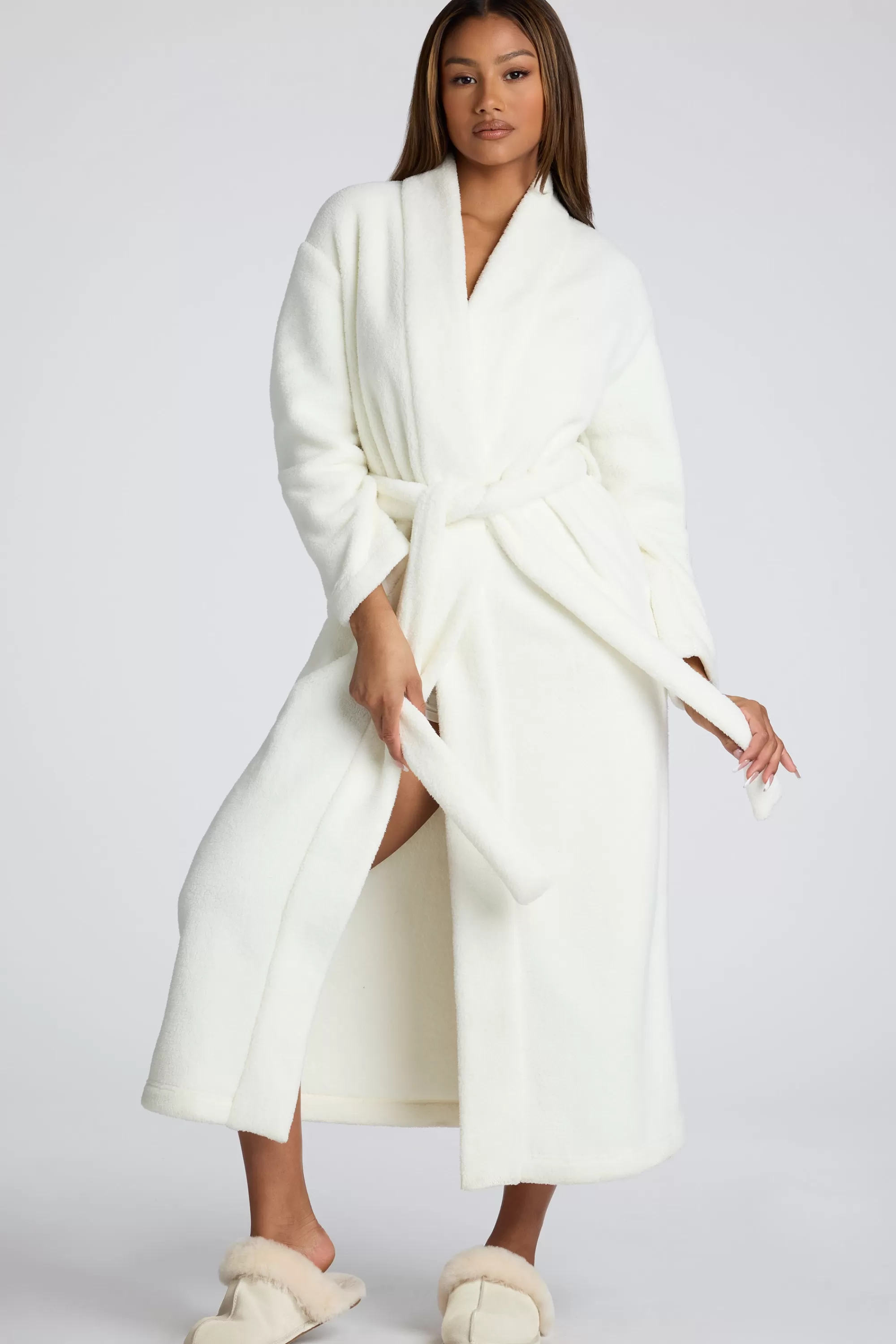 Oh Polly Tie Front Fleece Robe In White Discount