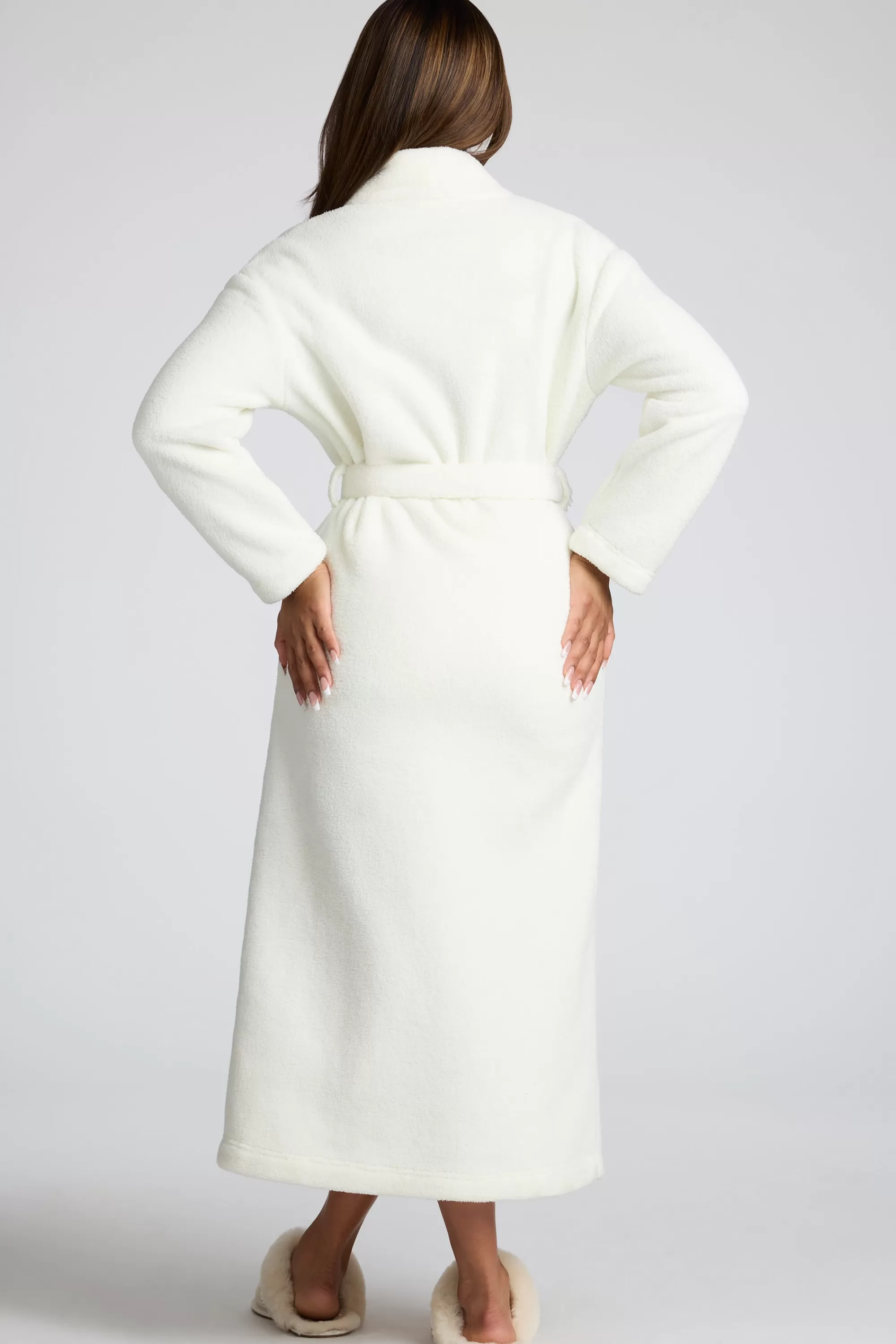 Oh Polly Tie Front Fleece Robe In White Discount