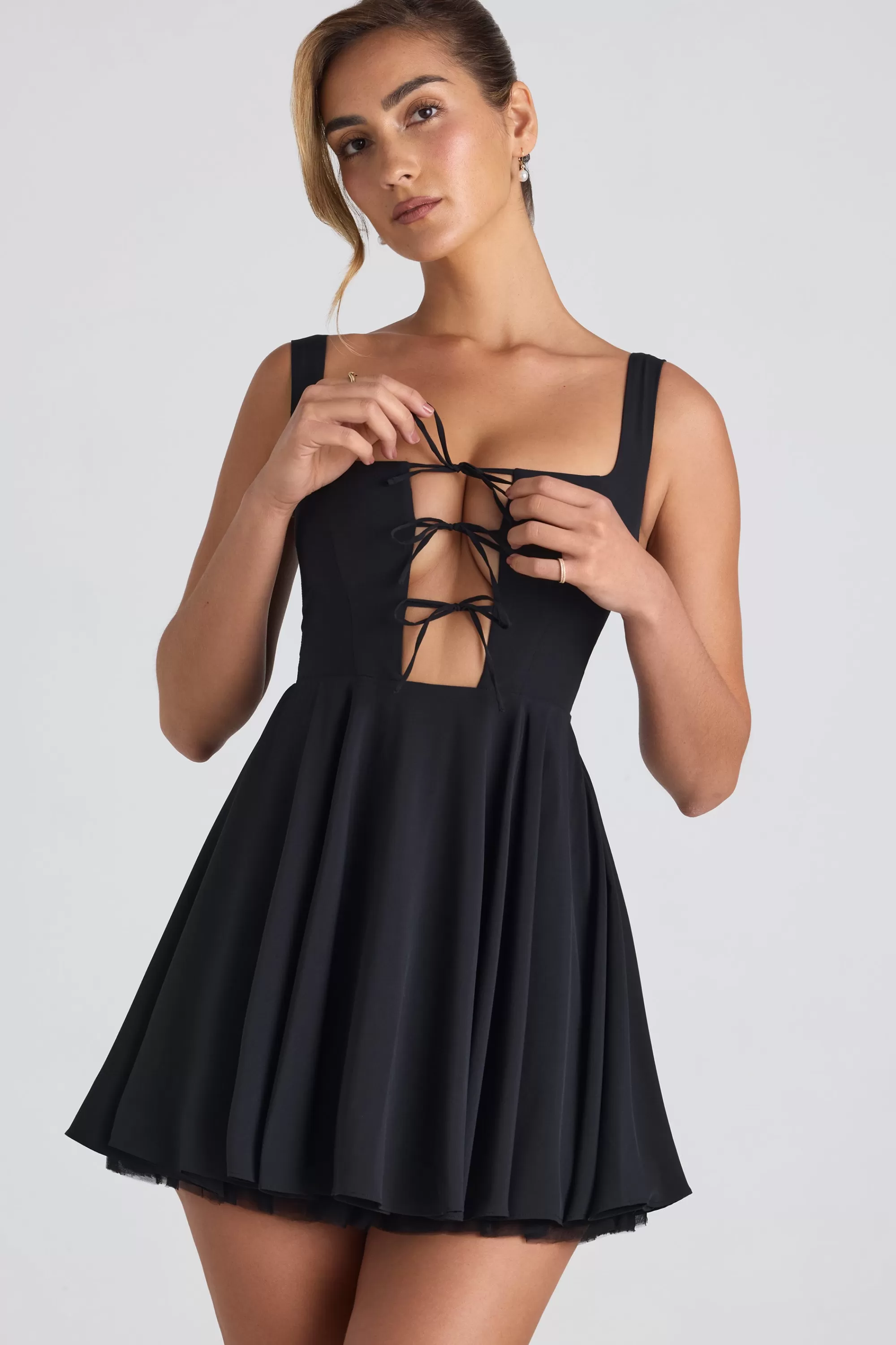 Oh Polly Tie-Detail A-Line Micro Mini Dress In Black Clearance