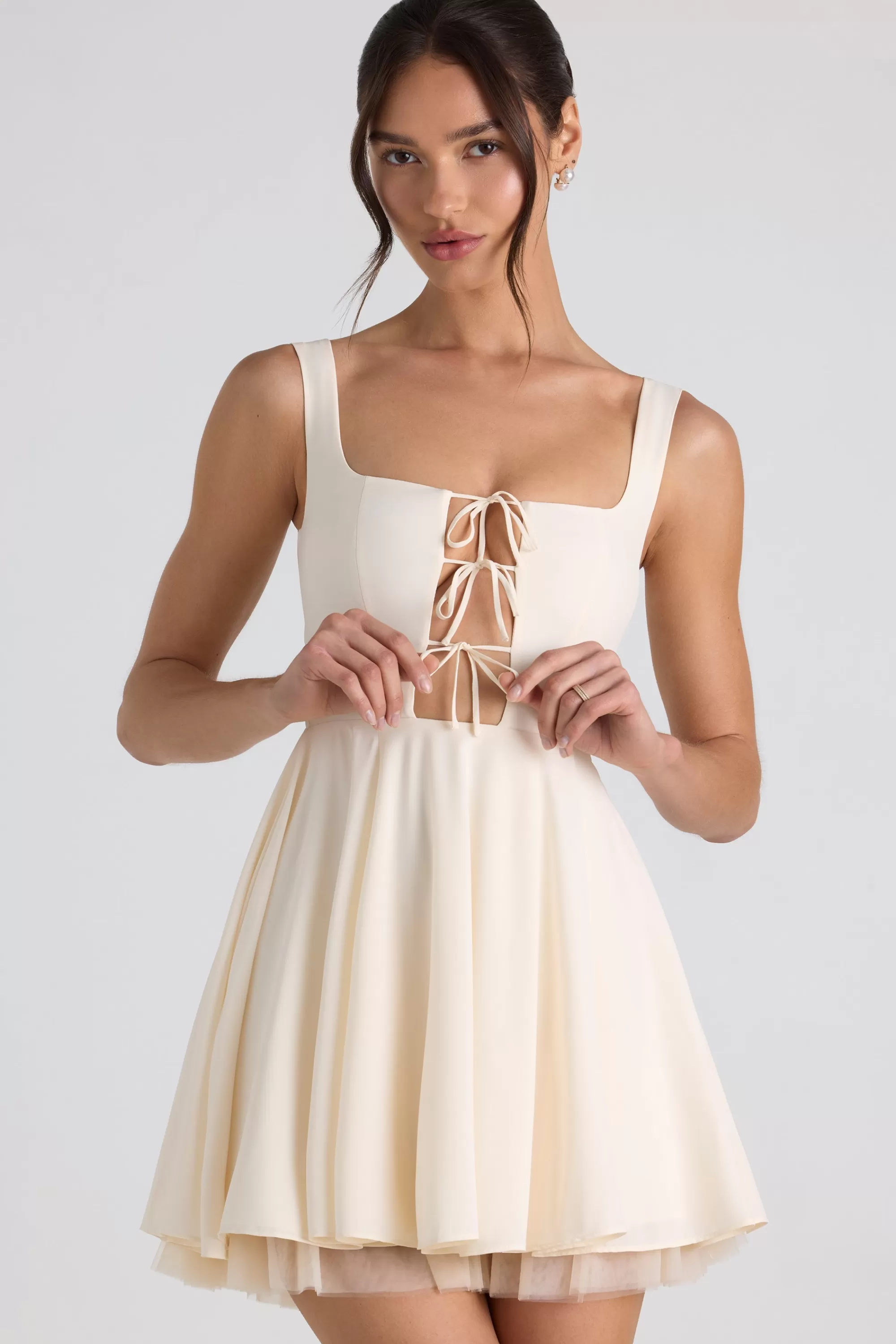 Oh Polly Tie-Detail A-Line Micro Mini Dress In Ivory Outlet