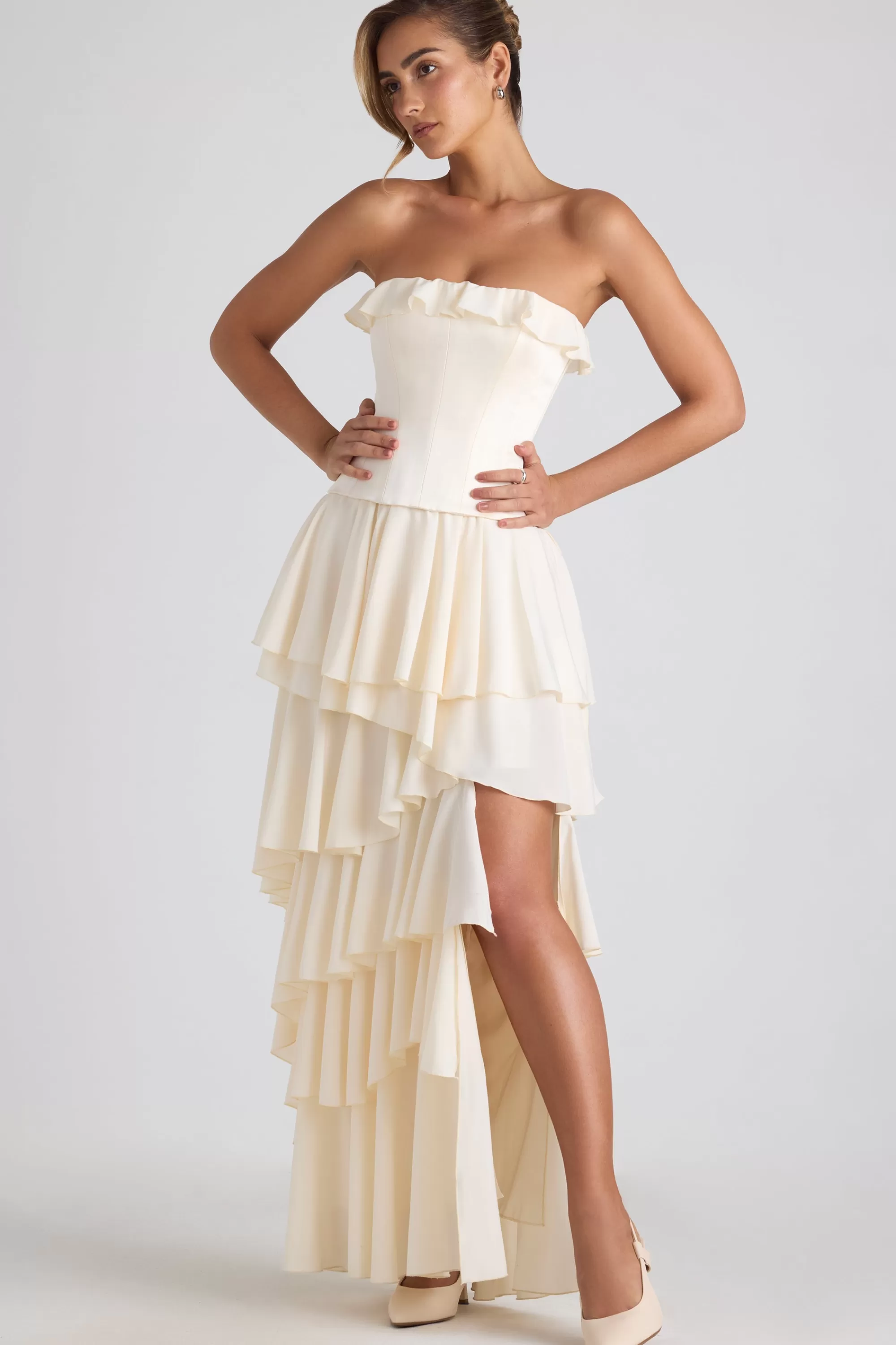 Oh Polly Tiered Corset Gown In Ivory Online