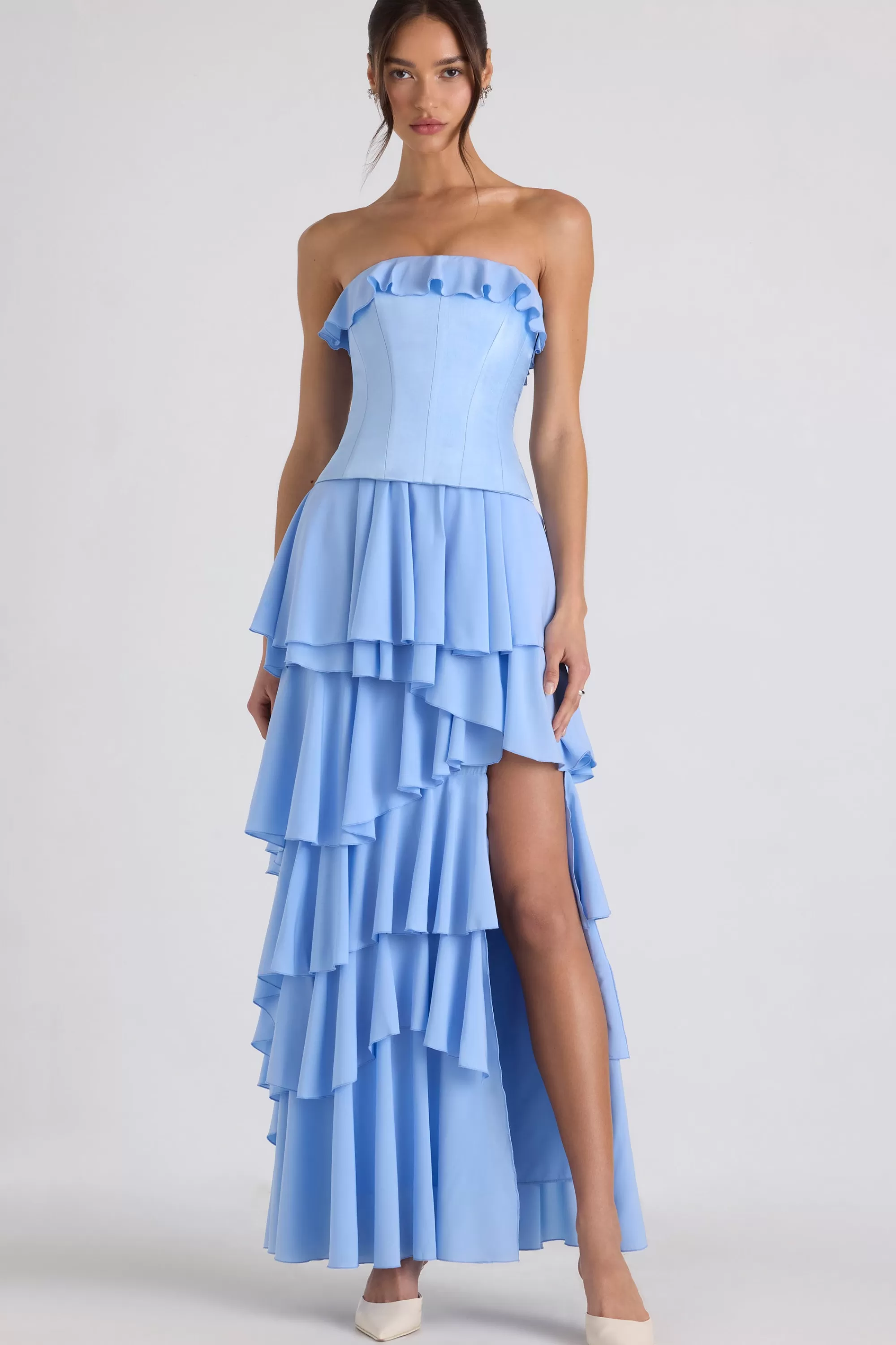 Oh Polly Tiered Corset Gown In Sky Blue Shop