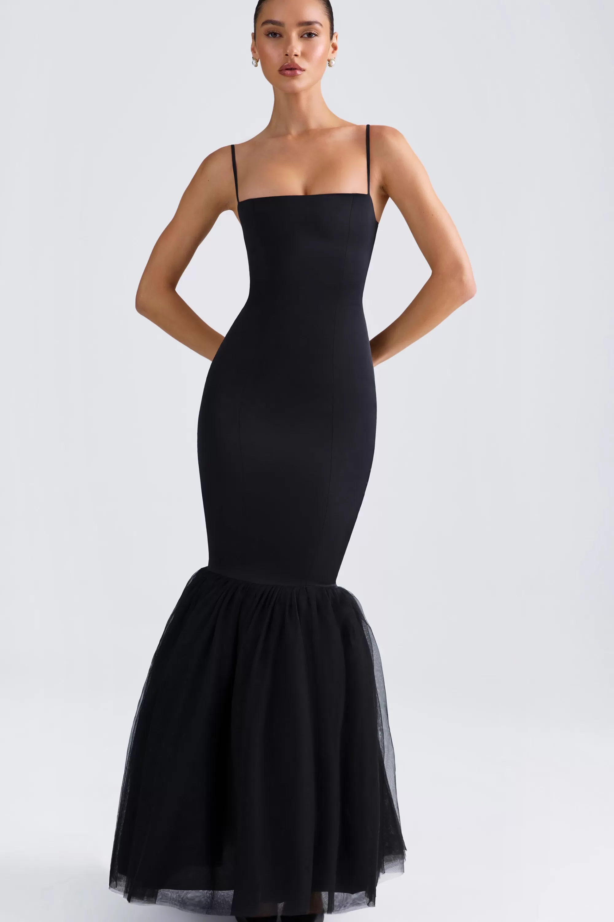 Oh Polly Tulle Hem Fishtail Gown In Black Store