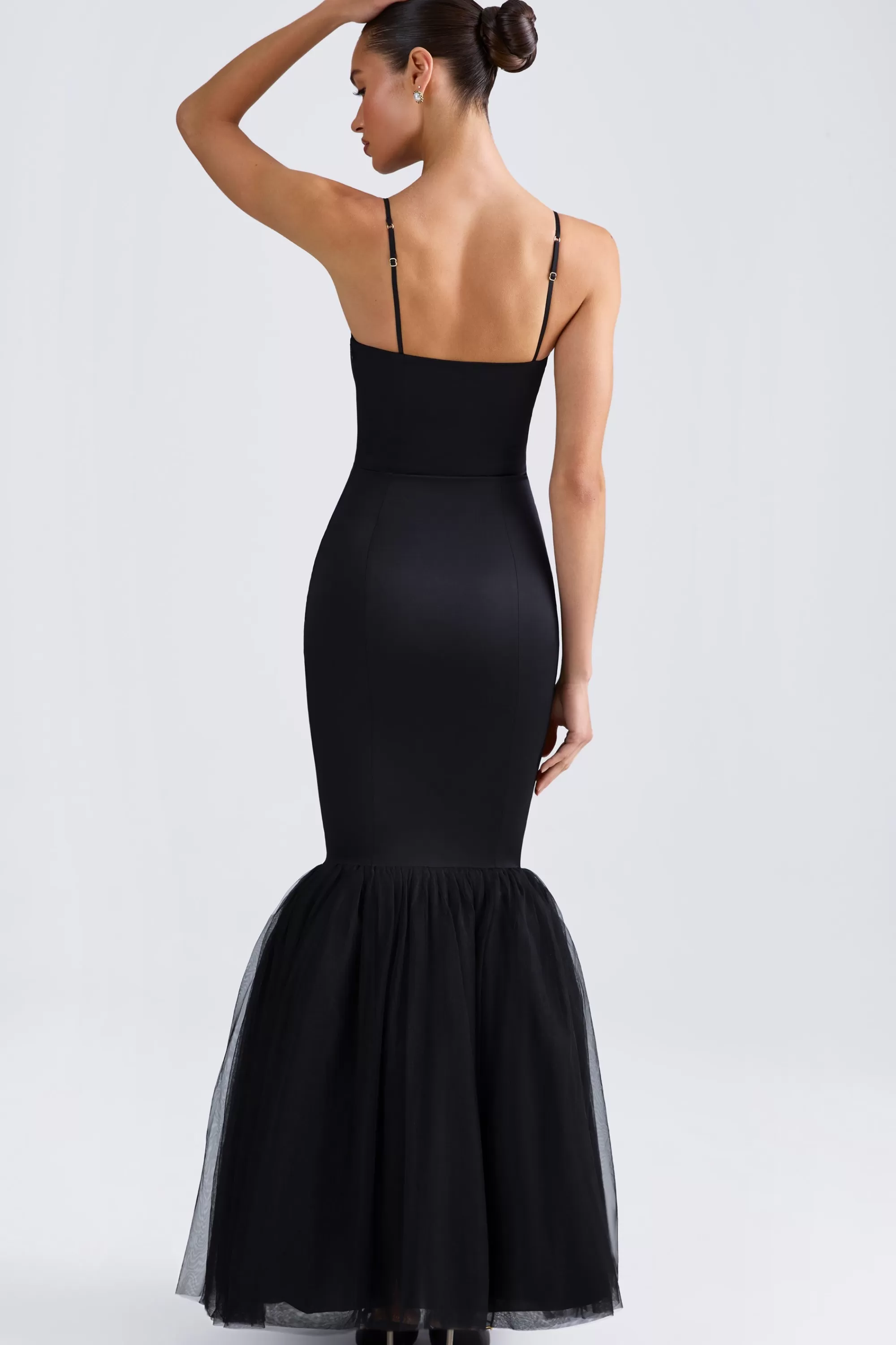 Oh Polly Tulle Hem Fishtail Gown In Black Store