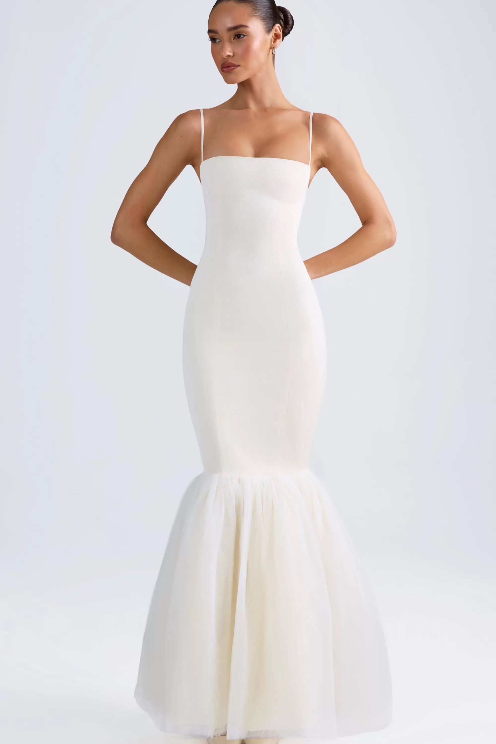 Oh Polly Tulle Hem Fishtail Gown In Ivory Clearance