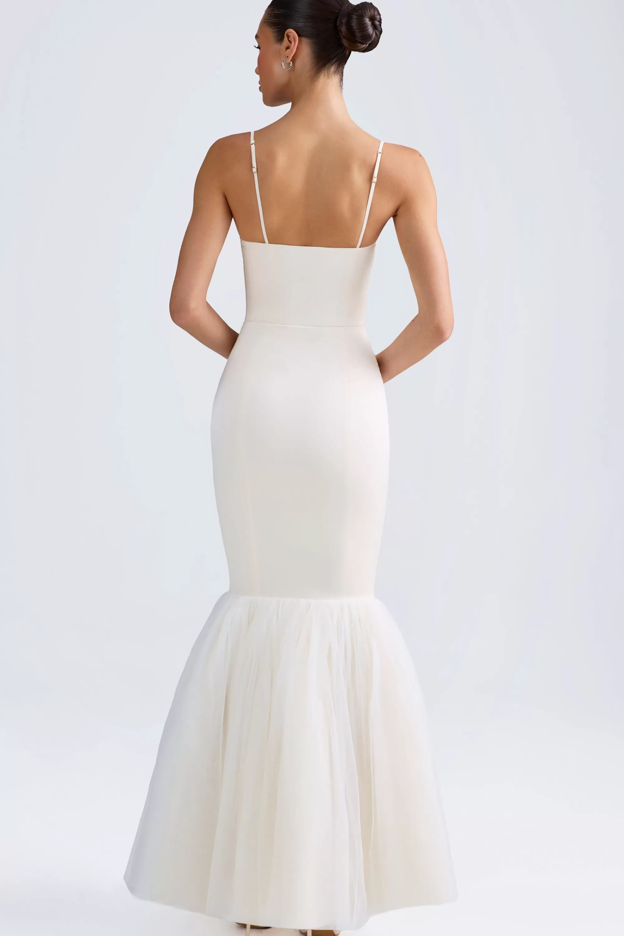 Oh Polly Tulle Hem Fishtail Gown In Ivory Clearance