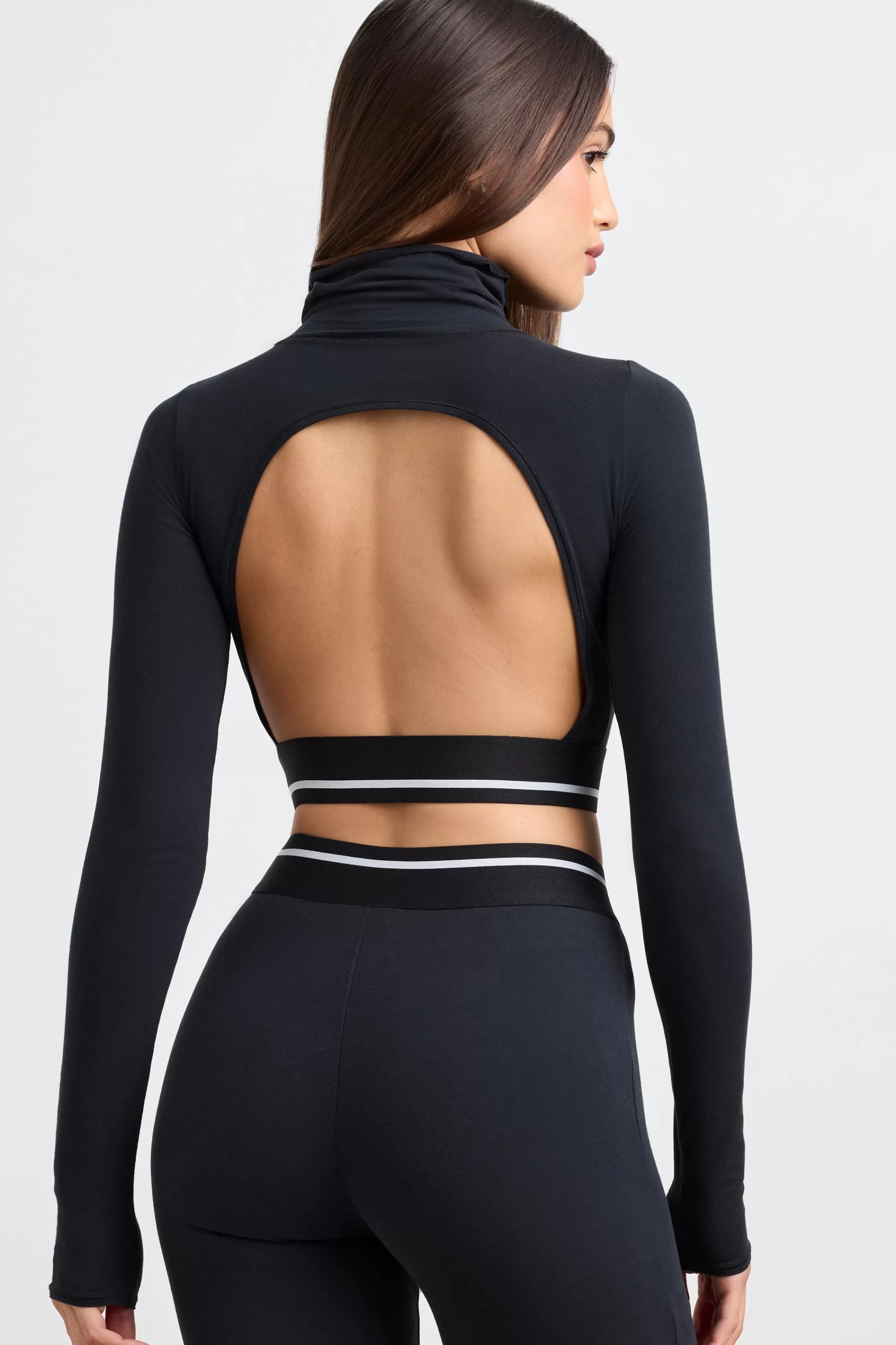 Oh Polly Turtleneck Backless Long-Sleeve Crop Top In Black Cheap