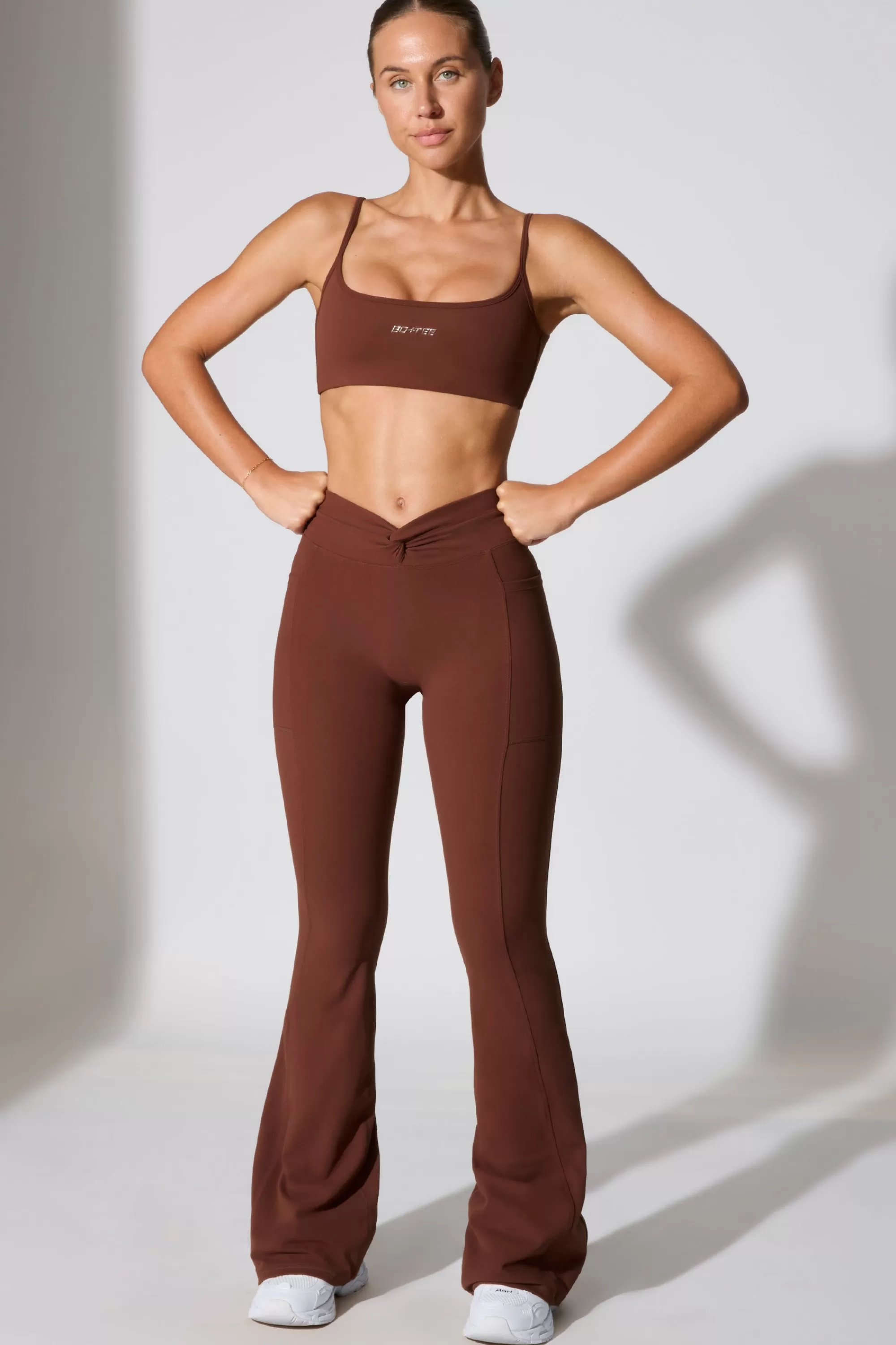 Oh Polly Twist Waist Flare Leggings In Chocolate Best Sale