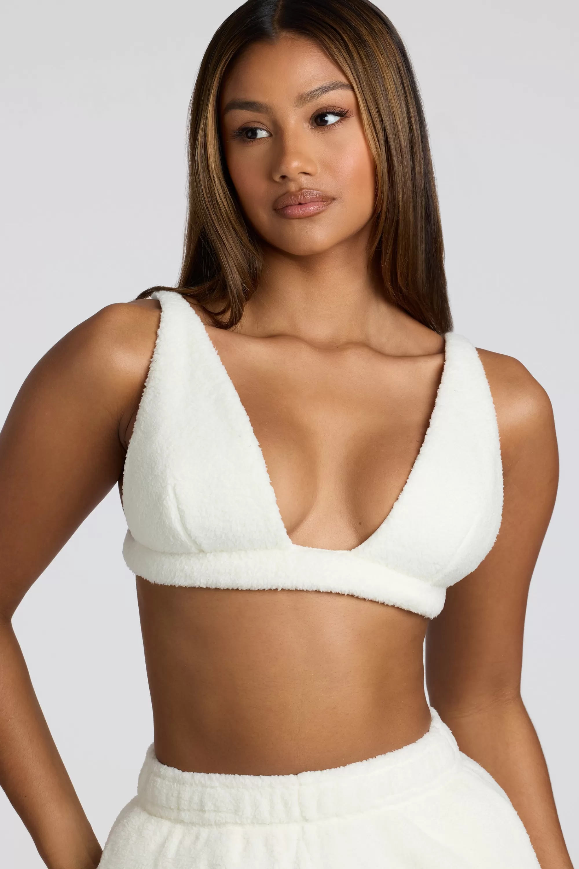 Oh Polly V Neck Fleece Bralette In White Fashion