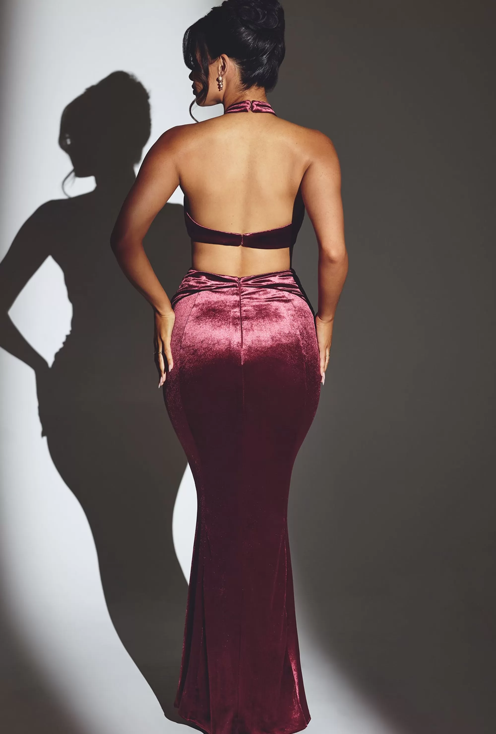 Oh Polly Velvet Halter Neck Maxi Dress In Wine Clearance