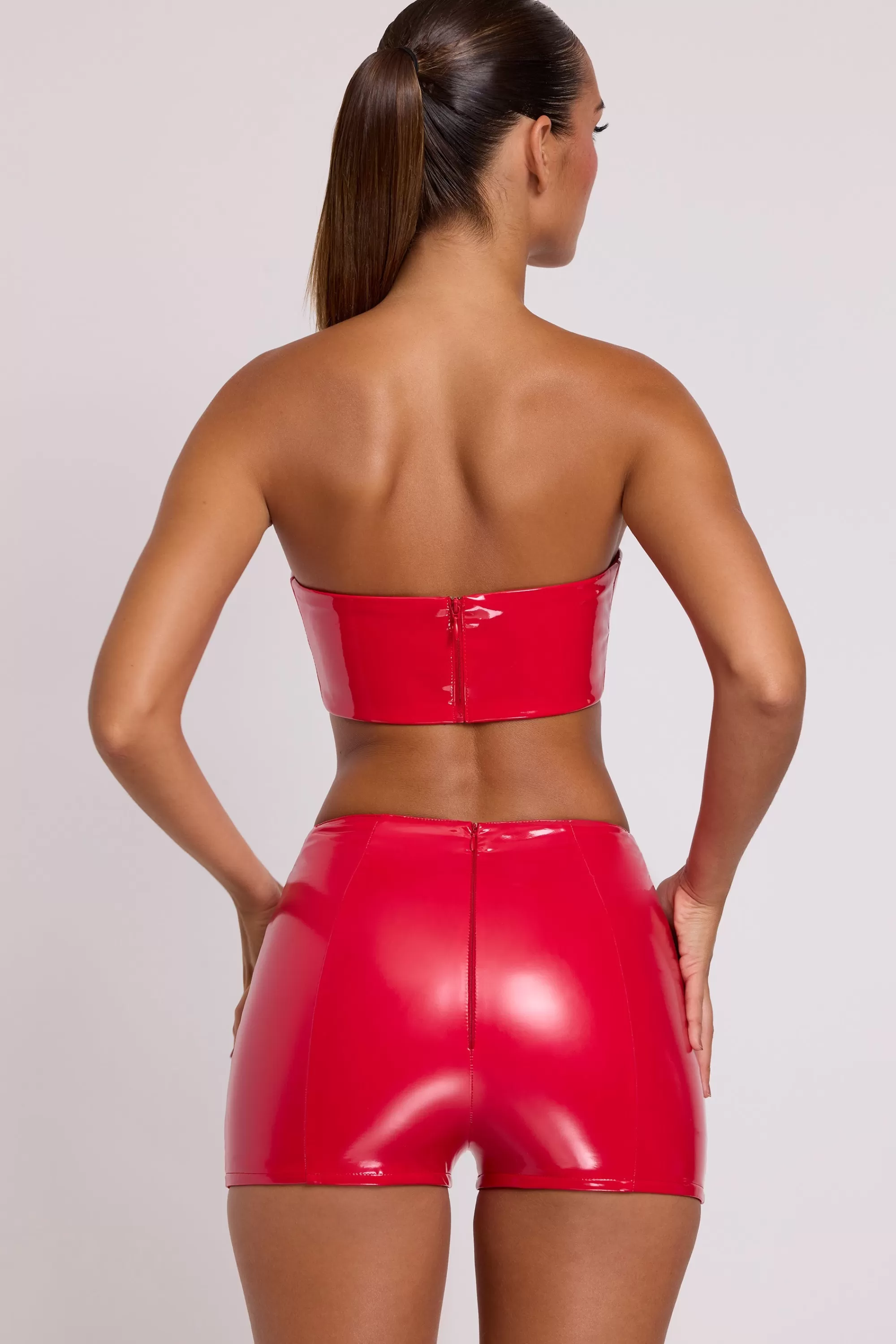 Oh Polly Vinyl Angled Waist Mini Shorts In Fire Red Shop