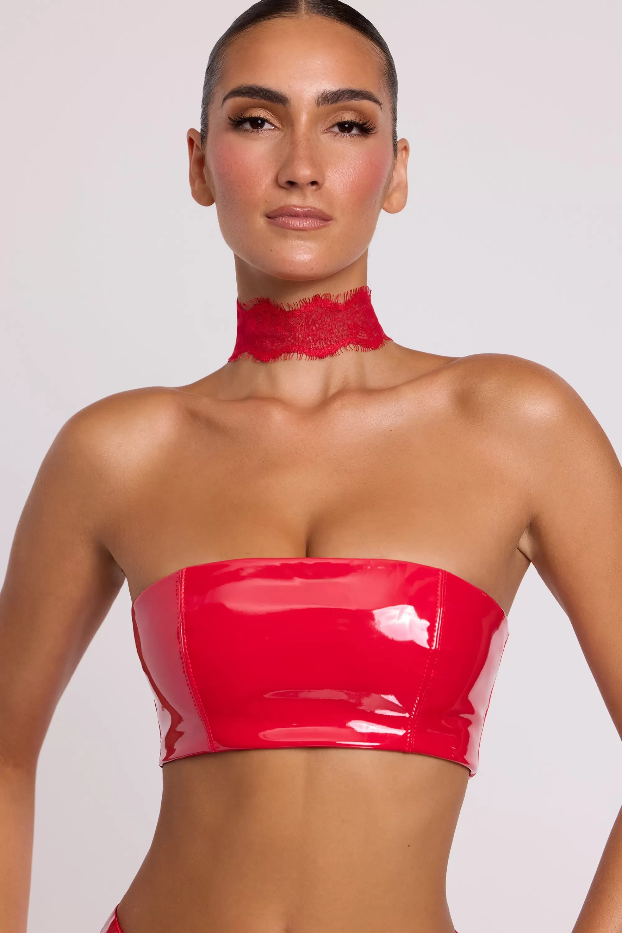 Oh Polly Vinyl Bandeau Bralette In Fire Red Outlet