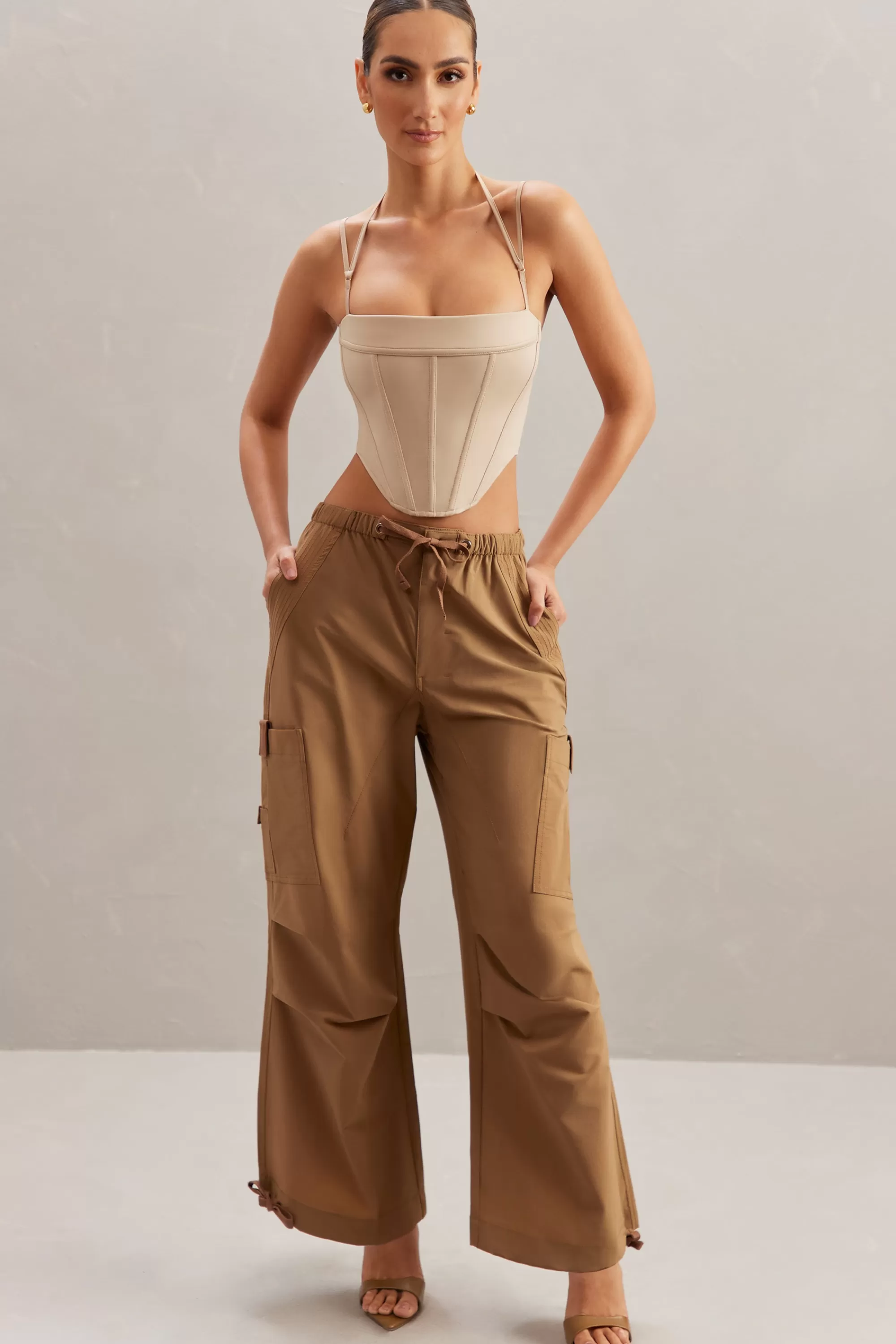 Oh Polly Wide Leg Cargo Trousers In Tan Sale