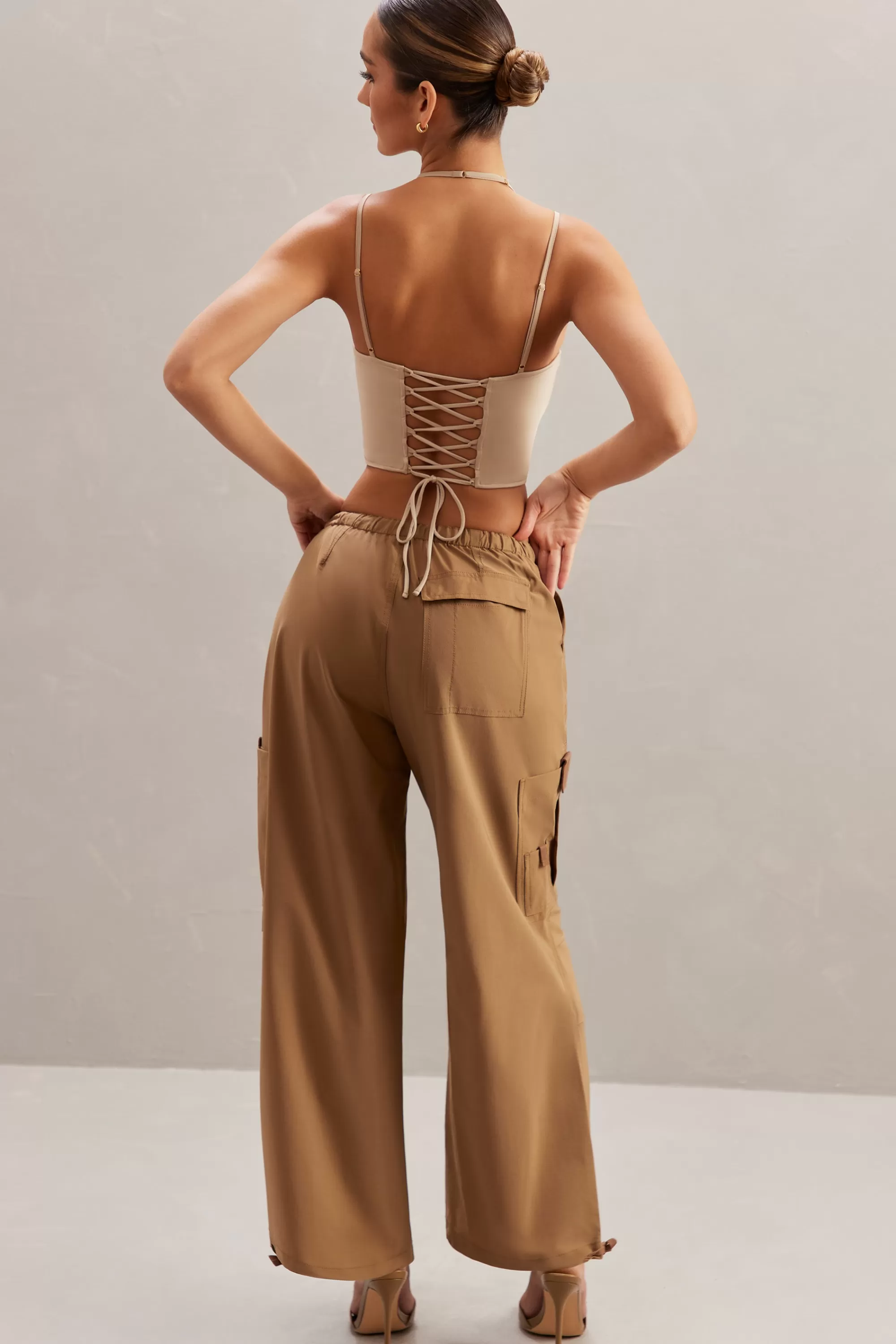 Oh Polly Wide Leg Cargo Trousers In Tan Sale