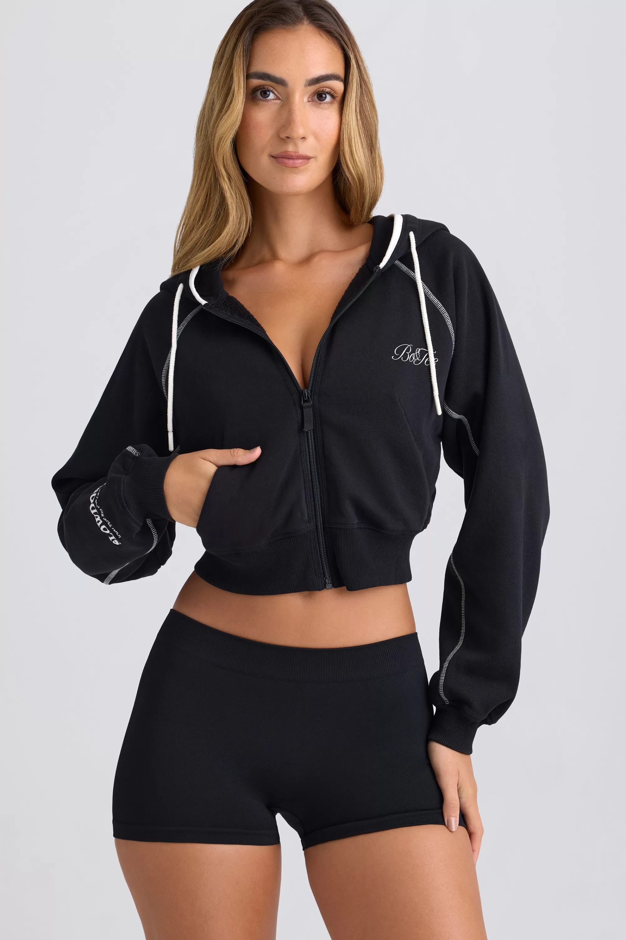 Oh Polly Zip-Up Cropped Hoodie In Black Shop